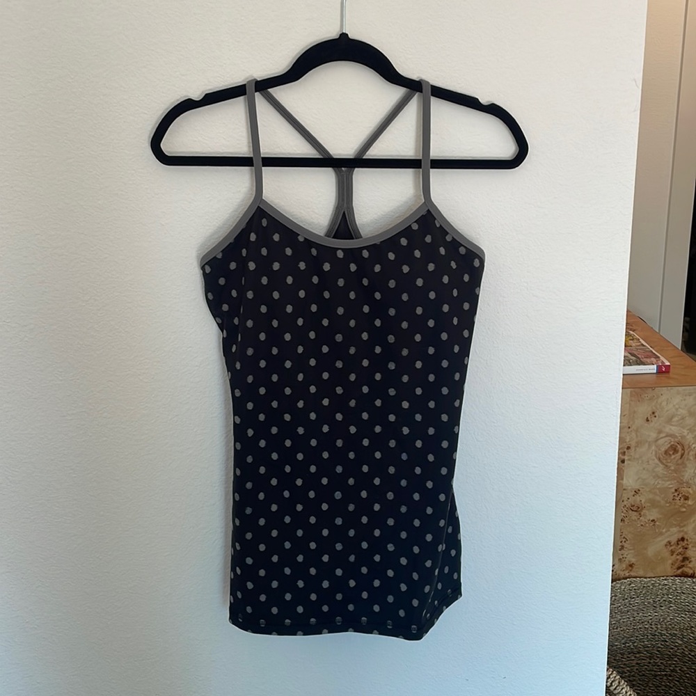 Lululemon racerback tank top with attached shelf bra, black and gray polka dot